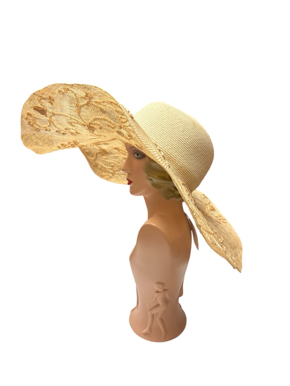 Eric Javits GUAPA Lace-Trim Wide Brim Embroidered Straw Sun Hat - Cream 21”